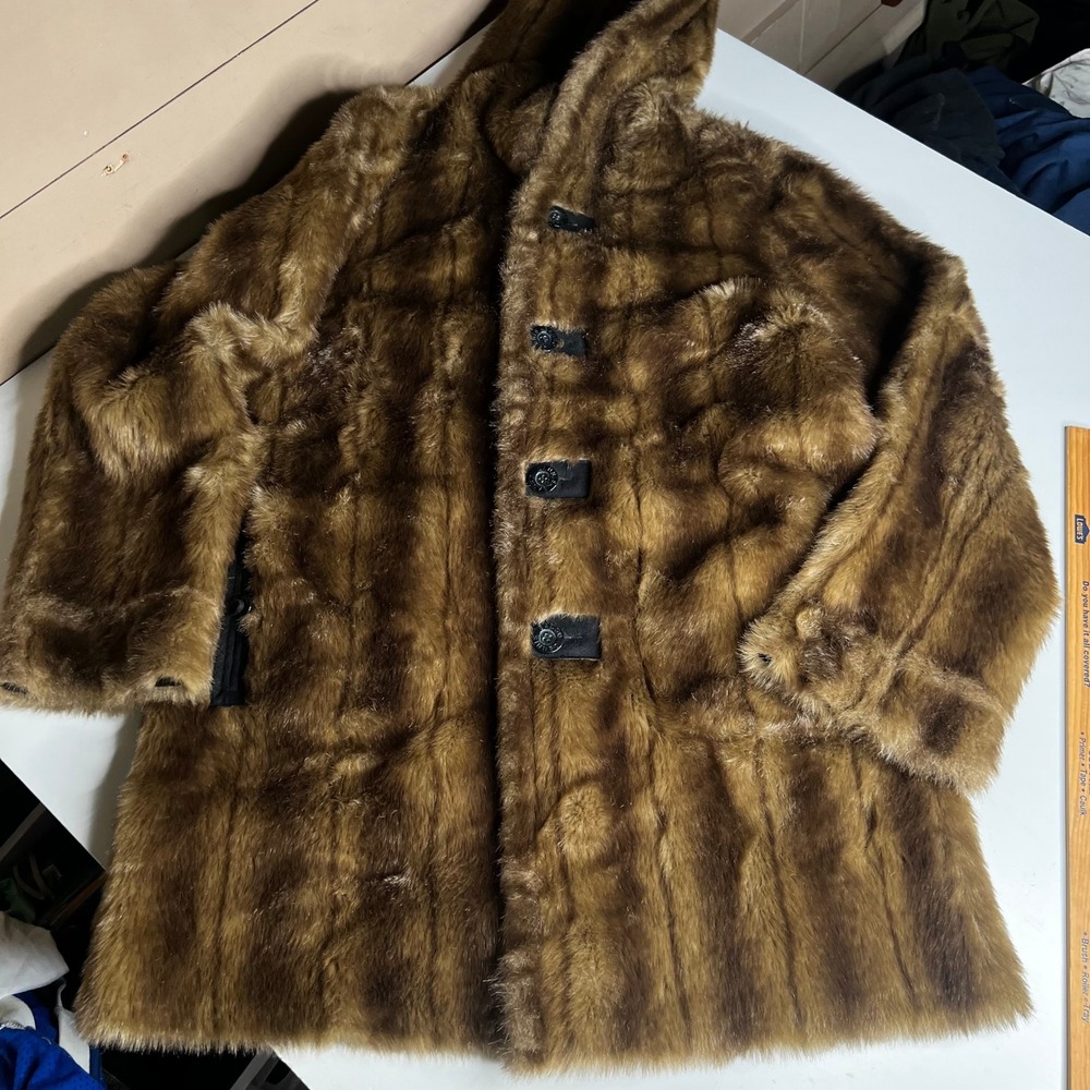 Dennis Basso Reversible Faux Fur Suede Hooded Coat Brown Black Small RN 98393